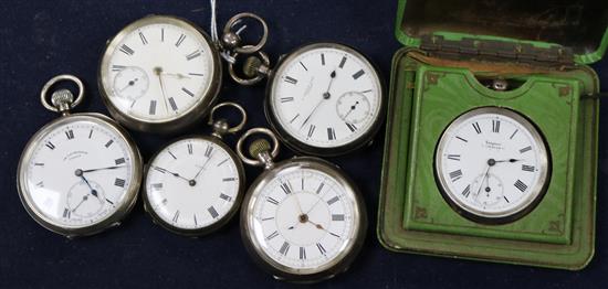 Six assorted silver and white metal pocket watches.